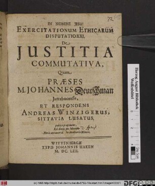 Exercitationum Ethicarum Disputatio XXI. De Iustitia Commutativa