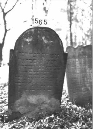 Grabstein 565 (Index: 99900766) Material: Sandstein Zustand: unten verwittert, sonst leicht angewittert Maße HxBxT: 108x62x8 cm Beschreibung: Stele mit eingezogenem Rundbogenabschluss, im Bogenfeld eingeritzte Blüte Symbolik: Blüte: Grabstein 565