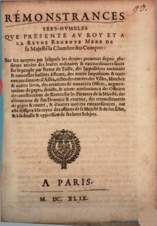 Remonstrances tres humbles que presente au roy et à la reyne ... la chambre des Comptes