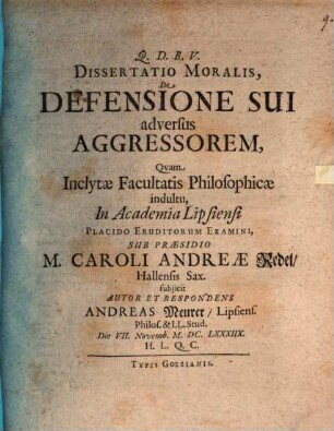 Diss. mor. de defensione sui adversus aggressorem