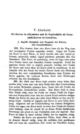 V. Abschnitt. Die Kurven im allgemeinen und die Kegelschnitte als Brennpunktekurven im besonderen.