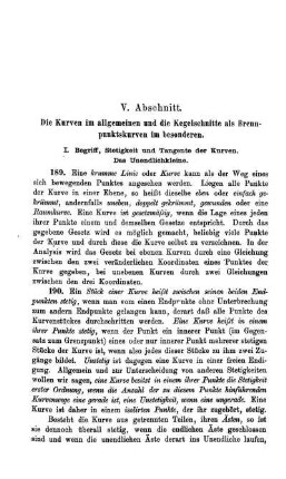 V. Abschnitt. Die Kurven im allgemeinen und die Kegelschnitte als Brennpunktekurven im besonderen.