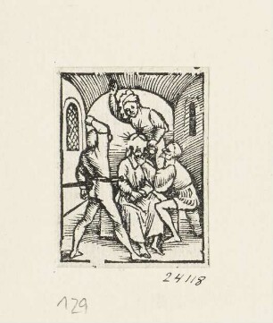 Kriegsknechte verspotten Christus, Blatt 6 aus: "Daniel Agricola, Passio domini nostri Jesu Christi", Basel 1514/1515