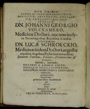 Bigæ Virorum [...] Dn. Johanni Georgio Volckamero, Dn. Lucæ Schroeckio, [...]