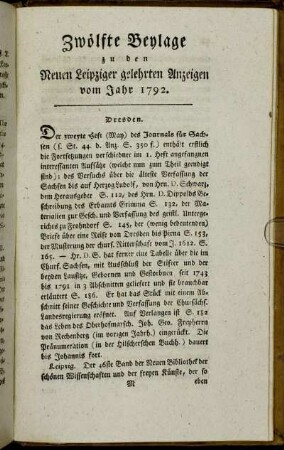 Zwölfte Beylage zu den Neuen Leipziger gelehrten Anzeigen vom Jahr 1792.