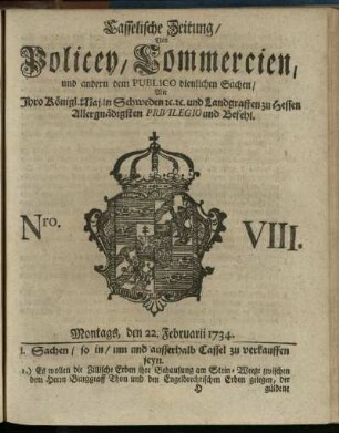 Nro. VIII, Montags, den 22. Februarii 1734