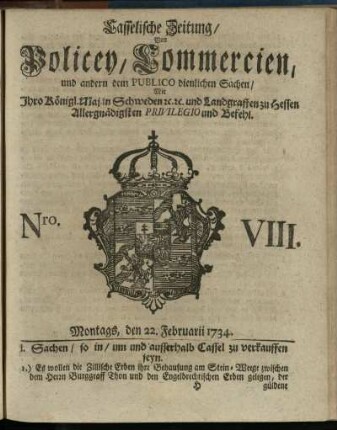 Nro. VIII, Montags, den 22. Februarii 1734