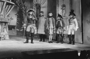 Szenenbilder aus "Der Müller von Sanssouci" von Peter Hacks in der Regie von Wolfgang Langhoff. Kammerspiele (Deutsches Theater) Berlin, Uraufführung 05.03.1958 : Mit Herwart Grosse als Friedrich II., Paul R. Henker als Müller, Ernst Kahler, Josef von Santen als Prinz Heinrich, Hans Stetter als de Catt, Werner Pledath als Bäcker Wewerka, Werner Segtrop, Ulrich Thein als Knecht Nickel, Karla Runkehl als Magd, A. P. Hoffmann als Landrat Tornow, Harry Berber als Trescho u. a.
