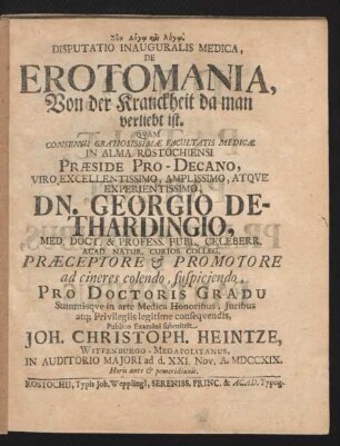 Disputatio Inauguralis Medica, De Erotomania, Von der Kranckheit da man verliebt ist