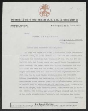 Brief von Julius Bab von Deutsche Buchgemeinschaft  an Gerhart Hauptmann