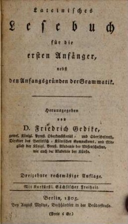 Lateinisches Lesebuch für die ersten Anfänger : nebst den Anfangsgründen der Grammatik