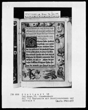Niederdeutsches Stundenbuch (Lüning-Bergheim-Gebetbuch) — Textseite mit Bordürenrahmen und Initiale G, Folio 112recto