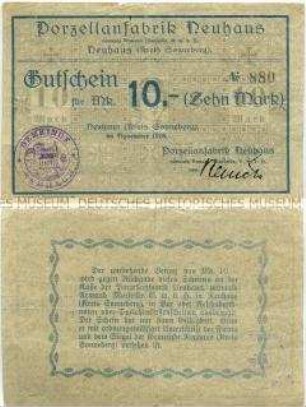 Neuhaus, Porzellanfabrik, 10 Mark