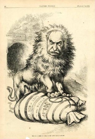 The (D.D.) Field of gold, or the lion's legal (?) share : David Field wird als Löwe dargestellt, der Geldsäcke bewacht