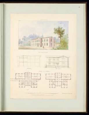 Schulhaus Monatskonkurrenz Oktober 1849: Grundriss Erdgeschoss, Obergeschoss, Aufriss Seitenansicht, Querschnitt, perspektivische Ansicht; 2 Maßstabsleisten, Raumplan