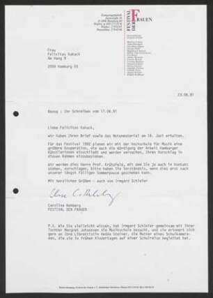 Brief: Caroline Rehberg (Festival der Frauen) an Felicitas Kukuck, 23.06.1991