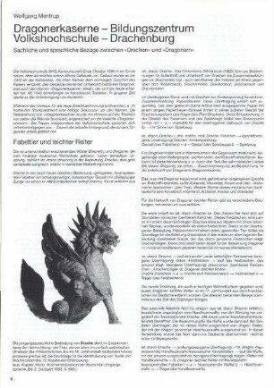 Dragonerkaserne - Bildungszentrum, Volkshochschule - Drachenburg : sachliche und sprachliche Bezüge zwischen »Drachen« und »Dragonern«