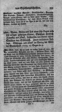 Leben, Thaten, Reisen und Tod eines sehr klugen und sehr artigen 4jährigen Kindes, Christian Henrich Heineken aus Lübeck. 2.veränd.Aufl.