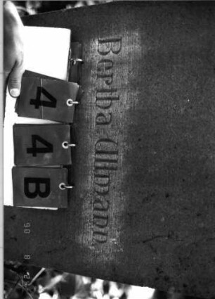 Grabstein 44 (Index: 99790091) Material: ? Zustand: zerbrochen und repariert, sonst sehr gut Maße HxBxT: 112x53x18 cm Symbolik: Davidstern: Grabstein 44B