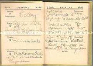 Kalender für das Jahr 1945 mit handschriftlichen Eintragungen einer freiwilligen Krankenpflegerin aus den letzten Monaten des 2. Weltkrieges