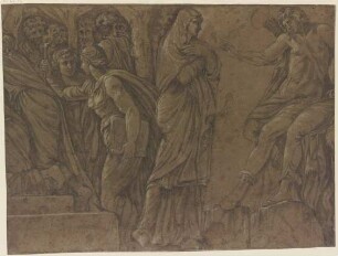 Diana bittet ihren Bruder Apollo, sie für den durch Niobe erlittenen Hohn zu rächen, aus dem verlorenen Niobidenfries an der Fassade des Palazzo Milesi in Rom