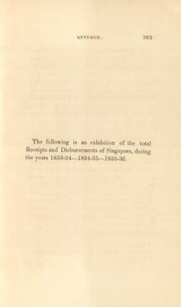 The following is an exhibition of the total receipts and disbursements of Singapore, during the years 1833-34 - 1834-35 - 1835-36