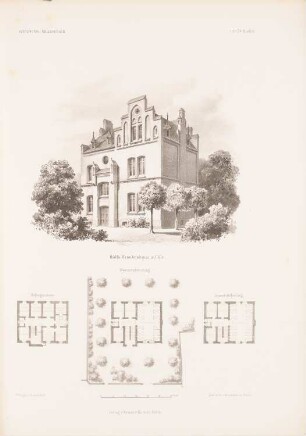 Hilfskrankenhaus, Köln: Grundriss, Perspektivische Ansicht (aus: Architektonisches Skizzenbuch, H. 55/2, 1862)