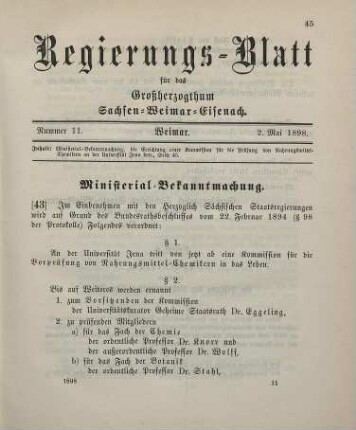 43. Ministerial-Bekanntmachung, betreffend die Errichtung einer Kommission für die Prüfung von Nahrungsmittel-Chemikern an der Universität Jena