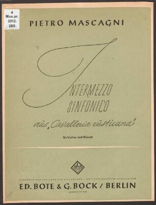 Intermezzo sinfonico aus der Oper "Cavalleria rusticana" : für Violine und Klavier