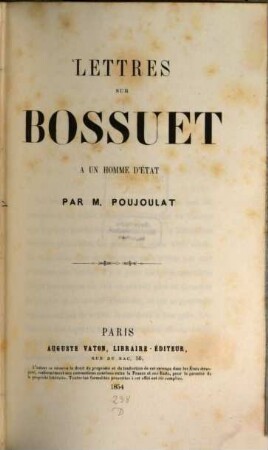 Lettres sur Bossuet à un homme d'état