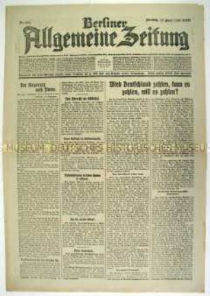 Tageszeitung "Berliner Allgemeine Zeitung" zu den Reparationsbestimmungen des Versailler Vertrages