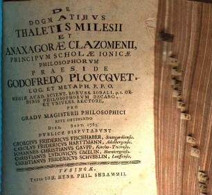 De dogmatibus Thaletis Milesii et Anaxagorae Clazomenii, principum scholae Ionicae philosophorum