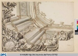 Teilentwurf für ein Deckengemälde: Scheinarchitektur einer Säulenhalle in Untersicht nach oben offen
