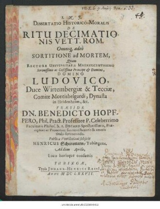 Dissertatio Historico-Moralis De Ritu Decimationis Vett. Rom. Omniq[ue] adeo Sortitione ad Mortem