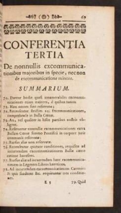 Confereintia Tertia De nonnullis excommunicationibus majoribus in specie, nec non de excommunicatione minore
