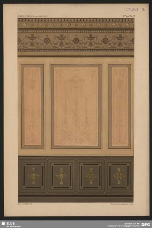 Schablonirte Decorationsmalereien. Wandgestaltung mit Arabesken und verschiedenen Friesen und Bordüren