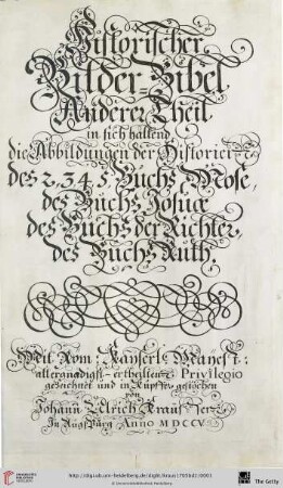 Band 2: Historischer Bilder Bibel ... Theil: Anderer Theil in sich haltend die Abbildungen der Historien des 2, 3, 4, 5, Buchs Mose, des Buchs Josuae, des Buchs der Richter, des Buchs Ruth