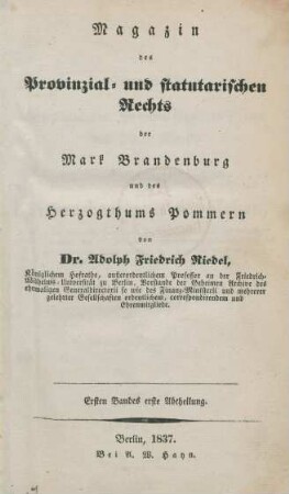 Ersten Bandes erste Abtheilung