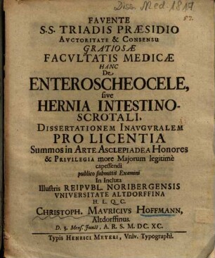 ... Hanc De Enteroscheocele, sive Hernia Intestino-Scrotali, Dissertationem Inavgvralem