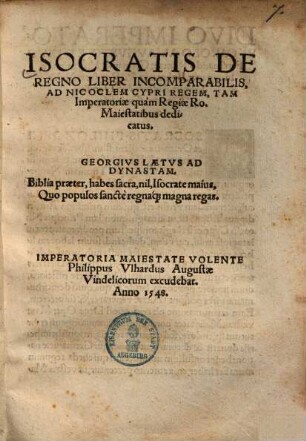 Isocratis de regno liber incomparabilis, ad Nicoclem Cypri regem