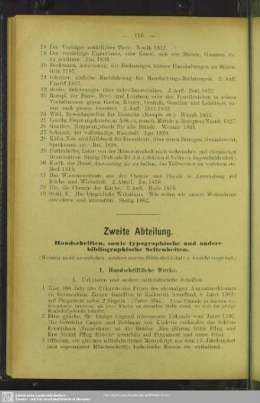 Zweite Abteilung. Handschriften, sowie typographische und andere bibliographische Seltenheiten