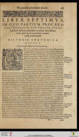 Liber septimus: In quo partium procreationi dicatarum, tum virilium, tum muliebrium historia primum accurate describitur [...]
