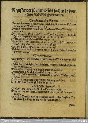 Register der fürnembsten Sachen davon in dieser Schrift disputirt wirdt