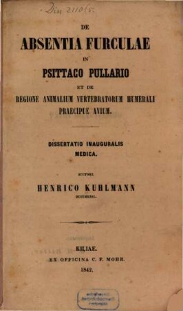 De absentia furculae in spittaco pullario et de regione animalium vertebratorum humerali praecipue avium