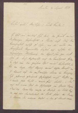 Schreiben von Moritz Ellstätter, Berlin, an seine Frau Marie: - Privates - Soiree beim Kronprinzen - Besuche beim Großherzog, bei Anton von Werner, Dr. [Johanna] Veit (zusammen mit [Heinrich von] Achenbach, [Paul] Meyerheim, Werder u. a.) - Theater (zusammen mit Oldenburg) - Einladungen von [Adolf von] Hansemann und [Otto von] Bismarck - Mitteilungen an [Ludwig] Turban