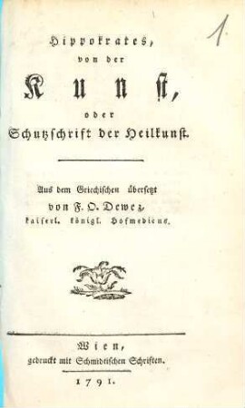 Von der Kunst, oder Schutzschrift der Heilkunst