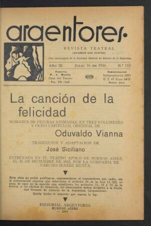 1936011000: La canción de la felicidad : romance de figuras animadas, en tres volumenes y ocho capítulos