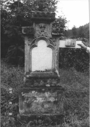 Grabstein 91 (Index: 99800133) Material: Sandstein, Schriftplatte Marmor Zustand: verwittert Maße HxBxT: 180x63x22 cm Beschreibung: Stele, Mittelerhöhung, Verdachung m. Zinnenaufsatz, eingelassene Schriftplatte mit Kleeblattbogenabschluß Symbolik: floral: Grabstein 91