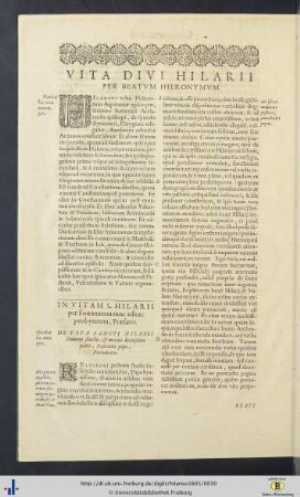 Vita Divi Hilarii, per D. Hieronymum & per Fortunatum.