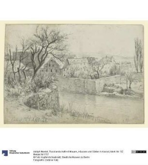 Flusslandschaft mit Mauern, Häusern und Gärten in Kassel